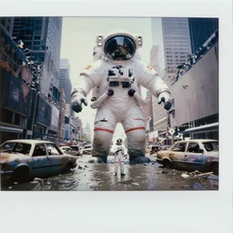 very realistic giant flood photographs of lone american white spacesuit chubby astronaut in postapocalyptic abandoned destroyed giant flood times square, wrecked buildings, destroyed flipped wrecked cars, polaroid photo, vintage, neutral colors, sunny day backlight by gregory crewdson
