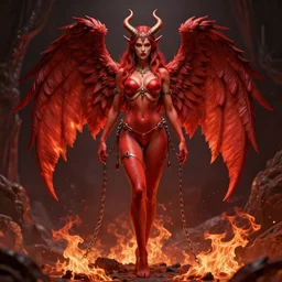 full length complex 3 d hyper realistic smooth ultra sharp render of a gorgeous!! fiery chained red skinned demoness viking warrior bikini | goddess of beauty, fallen angel, medieval, fantasy, satanichia mcdowell kurumizawa | high detail, 4 k, hd, symmetrical, proportional, cinematic, epic scene | art by oh jinwook + 吵 集 仁 儿 on artstaion + takeshi obata + alphonse mucha + jim lee