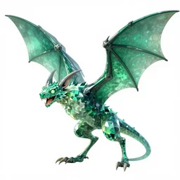 Emerald four legged crystal bat, character design sheet, Monster Hunter Illustrations art book, big claws, sharp fangs, huge wings, long tail, iridescent scale patterns, cluster of crystals as spikes on its back, Moebius, Greg Rutkowski, Zabrocki, Karlkka, Jayison Devadas, Phuoc Quan, trending on Artstation, 8K, ultra wide angle, zenith view, pincushion lens effect.