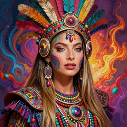 portrait of margot robbie, hyper detailed ultra sharp aztec shaman warrior. trending on artstation, warpaint aesthetic, bloodwave, colorful, psychedelic, ornate, intricate, digital painting, concept art, smooth, sharp focus, illustration, art by artgerm and greg rutkowski and h. r. giger, 8 k