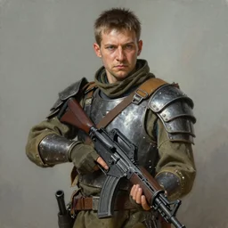 a portrait of an man wearing scrap armor and holding an assault rifle, Matte painting , detailed painting, greg rutkowski