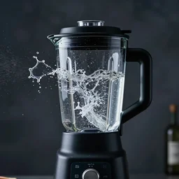 dslr photo of a blender full of water, shattering in slow motion, full bodied portrait, artgerm, artstation, very high quality, intricate details, extremely high quality, moody lighting, real camera, real photo, 8 k, full subject in shot