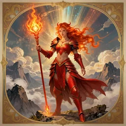 a singular beautiful young princess who is a fire wizard with fire red hair and freckles. she is holding a glowing magical staff. she is wearing modest red dragon armor with an exposed midriff. she is standing on a mountain top with epic clouds, god rays, and volumetric lighting. an intricate illustration that is a highly detailed digital painting. concept art by artgerm with border and embellishments inspired by alphonse mucha. inspired by brom art and larry elmore.