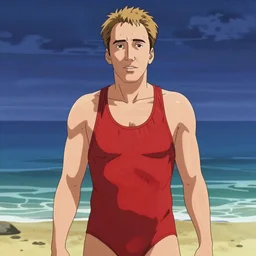 portrait of a NIcolas Cage with blonde hair wearing a red swimsuit, beach background, rich vivid colors, ambient lighting, dynamic lighting, 4k, official media, anime key visual, makoto shinkai, ilya kuvshinov, lois van baarle, rossdraws, detailed, trending on artstation