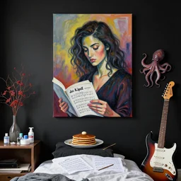 a portrait in a female art student's bedroom, black walls, a woman reading das kapital, pancakes, sheet music, electric guitar, surgical supplies, ikebana, sensual, octopus, neo - expressionism, surrealism, acrylic and spray paint and oilstick on canvas