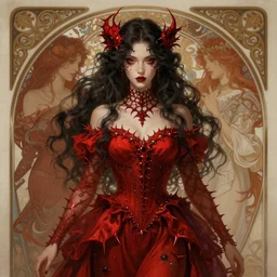 fantasy portrait of the blind witch, dress of thorns, intricate detail, photorealistic, elegant, stylish, highly detailed, digital painting, artstation, concept art, smooth, sharp focus, illustration, art by artgerm and greg rutkowski and alphonse mucha, red scheme