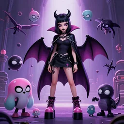lisa frank gothic emo punk vampiric rockstar vampire kraken wearing a bat shaped poncho cape with platform shoes character designs of various shapes and sizes by genndy tartakovsky and splatoon by nintendo for the new hotel transylvania film
