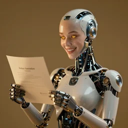 a beautiful intricate fine art portrait photo of a happy mechanical futuristic cybernetic half human half robot reading a letter of admission held in her hands, by natalie shau and zach sutton, eyes light up, happiness!, perfection!, studio lighting, golden ratio composition, 50mm lens, bionic, cybernetic scifi, deep depth of field, artstation, 8K