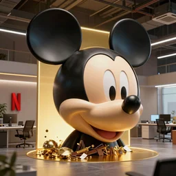 giant destroyed head of cyberpunk mickey mouse, inside of netflix office, by beeple, dystopia, golden ratio, octane render, unreal engine 5, trending on artstation, 8 k