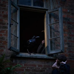a raven in an open window at night, and a person next to it bewildered, victorian architecture, by algernon blackwood