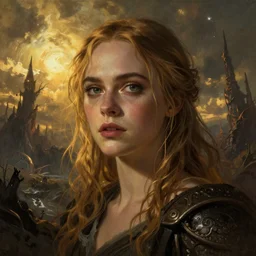 Elle Fanning in the painted world of Dark Souls, head and shoulders masterpiece, apocalypse, golden hour, cosmic horror, artstation, in the style of Thomas Kinkade and Lisa Frank and Beksinski, extremely detailed
