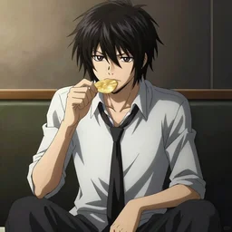 light from death note sitting dramatically, he is eating potato chips, anime key visual pixiv