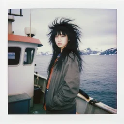 black - haired girl with wild spiky black saiyan hair with long bangs over her eyes, hair covering eyes, tail behind her, [ tail!!!!!!!!!!!!!! ], wearing casual clothing, standing on an alaskan fishing vessel, mekoryuk, alaska, 1 9 6 5, polaroid, kodachrome, grainy photograph