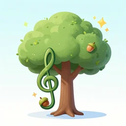 an animated GIF of an acorn that turns into a tree in the shape of a treble clef with some bouncy and fun animations, cheerful and whimsical