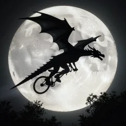 a dragon and bike are flying across the full moon as silhouette, from the movie e. t. the extra terrestrial, with dark trees in foreground, cinematic frame by steven spielberg, hd