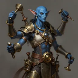 a four - armed, blue vedalken artificer, steampunk tinker, portrait, digital painting, trending on artstation, concept art, sharp focus, illustration, art by artgerm, greg rutkowski, wlop, and magali villeneuve