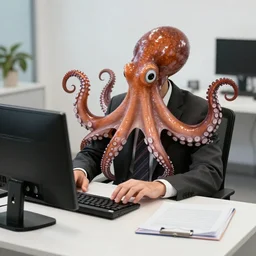 an octopus in a business suit multitasking at office desk