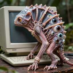 a high resolution photo of a complex creature, vintage computer grown together various animal eyes, nature background, wrapped hairless veins wrinkles morphing nature documentary, cracked plastic wrap, gills morph scales merged in fur skin, wrinkled muscles skin, veins merged feet head, displacement, black hole, distorted animal head face eyes arms tail