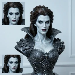 photo taken of an epic intricate, ultra detailed, super realistic life sized bust of a majestic gracious regal aristocratic brunette female vampire created by weta workshop, menacing, some zoomed in shots, photorealistic, sharp focus, white wall, extremely cold blueish colour temperature, 3 5 mm, f 1. 4, golden ratio