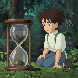 Teemo is staring at the hourglass in the enchanted forest, by Hayao Miyazaki