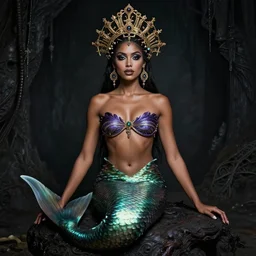 ( ( ( portrait of mermaid ) ) ), zoom, rule of thirds, intricate, regal, attractive, brown skin, latina symmetrical!!, makeup, loreal, maybelline, sephora, loreal, artstation, art by artgerm and gonzalo ordonez arias, moody, gotham, concept art, cg society, filmic, vsco