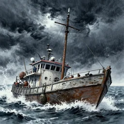 an insanely detailed digital painting of a boat in a harsh storm, by kentaro miura, hyper-detailed