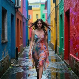 a woman in rain, wet dress, hair in the wind, narrow passage, many colors, colorful, all colors of the rainbow, highly saturated colors, epic fantasy, Nicodemus Yang-Mattisson, greg rutkowski, Dan Mumford, Peter Mohrbacher, trending on artstation, concept art