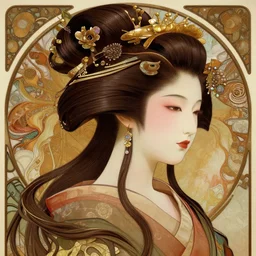 concept art of japanese geisha, detailed beauty side portrait, chocolate, opulent swirling hair swirling seaweed, iridescent jewellery, face in focus, organic background, art by wlop, peter morebacher, greg rutkowski, craig mullins, ruan jia, thomas kinkade, victor ngai, ernst haeckel, alphonse mucha, unreal engine, blender, octane,
