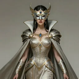 beautiful portrait of the masked queen, phyrexian god, beautiful futuristic cape, elegant, ornamental armor, intricate, in the style of moebius