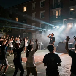 an old school hip - hop concert taking place on a basketball court behind a large brick apartment at night, many people dancing with their hands in the air, a rapper is standing on stage yelling into the mic, a dj with audio equipment at the back of the stage, photorealistic, unreal engine, foggy, light streaks