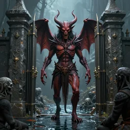 3d render of a hellspawn demon greeting souls of sinners at the gates of the River Styx by Dan Mumford and Josan Gonzalez and Feng Zhu and Loish and Stephen Gammell: 1, black border: 0.75, vibrant: 0.75, psychedelic, green: 0.5, blue: 0.5