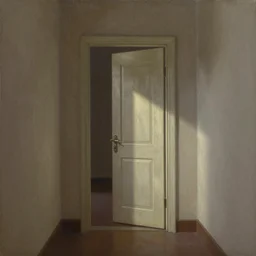 a door facing another door in an empty hallway, oil realistic painting