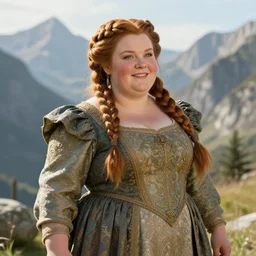 beautiful dwarven lady wearing an elegant brocade dress in the mountains, by thomas kinkade, dungeons and dragons, lord of the rings, intricate, ultrarealistic, cheerful, complex braided hair, chubby and plump, big nose, sharp focus, sunlight, soft lighting