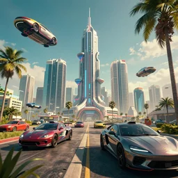 cyberpunk city palm beach, a lot of future technologies, flying cars, unreal engine, octane render, epic scale, cinema view, 8 k