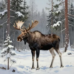 renoir style painting, moose in winter forest, spruce trees