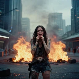 Cinestill 50d candid photography of a city on fire, extreme wide shot of a poor techwear mixed woman wearing thick mascara and makeup crying outside of a futuristic city on fire, cyberpunk, tattoos, extreme long shot, desaturated, full shot, blurry, 4k, 8k, hd, full color