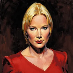a hyper real comic book style portait painting of captain picard with a red dress and lipstick