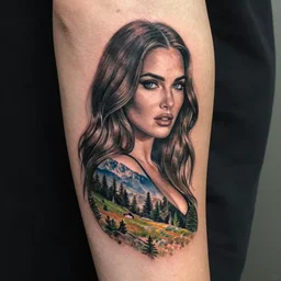 double exposure tattoo sketch of megan fox with beautiful mountain scenery, realism tattoo, in the style of andrey lukovnikov