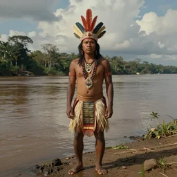 a young indigenous amazon man standing on the bank of the amazon river, matte painting, ayahuasca, fantasy art