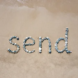 birds eye view of stones on a beach that spell the word :'send'