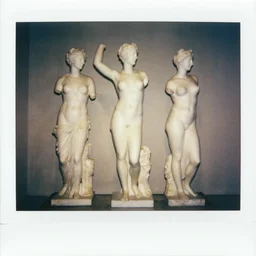 Polaroid fragmented greek sculpture of three idealized female in different directions