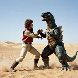photograph of jet jaguar wrestling a kaiju in the mongolian desert from the movie jet jaguar returns, vintage, seventies cinema, toho studios, japanese cinema, action scene, cinematic composition, saturated color, 8 k, hd