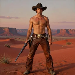 an dramatic homoerotic painting of a handsome shirtless gunslinger wearing a bandolier and fringed leather pants | red desert mesa background at twilight | by bill ward, by tom of finland, by albert bierstadt, by louis comfort tiffany | trending on artstation