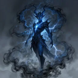 wispy smoky full body illustration of a dark blue air elemental with yellow eyes and lightning; detailed, best on artstation, raymond swanland, bayard wu, cosmic, epic, stunning, masterpiece