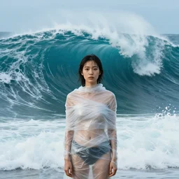 a woman wearing wrapped in plastic, standing in front of a giant tsunami wave, color photograph, by vincent desiderio, canon eos c 3 0 0, ƒ 1. 8, 3 5 mm, 8 k, medium - format print