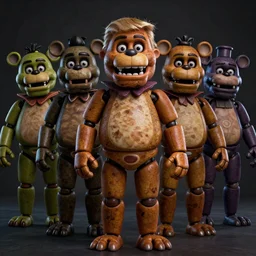 Donald Trump with Five Nights At Freddy body, realistic artstyle, wide shot, dramatic lighting, octane render, hyperrealistic, high quality, highly detailed, HD, beautiful, cinematic, 8k, unreal engine, facial accuracy, symmetrical