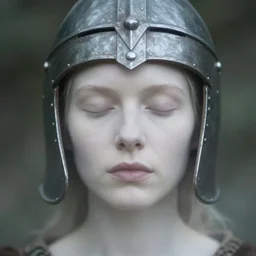 medieval helm!, out of focus!!!! photorealistic portrait of a beautiful pale woman by saul leiter, very blurry!!!!, translucent white skin, closed eyes, foggy, pale lips