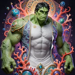 portrait of lemmy killmister as the hulk, hyperdetailed illustration by irakli nadar and alexandre ferra, volumetric lighting, celtic fantasy art, psychedelic, intricate, hyper detailed, smooth, vibrant aura, intricate linework, white porcelain skin, faberge, coral