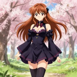 beautiful anime girl in gothic dress misa amane, spring landscape, university uniform with decollete and bra, seifuku, pleated miniskirt, overknee socks, battle angel alita. by rembrandt 1 6 6 7, illustration, by konstantin razumov