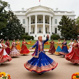 donald trump wearing kediya and doing garba in a circular formation of people outside the white house, photorealistic, navratri decoration, detailed, award winning